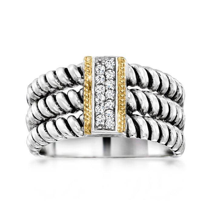 .10 ct. t.w. CZ Three-Row Ring in Sterling Silver and 14kt Yellow Gold