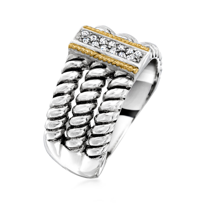 .10 ct. t.w. CZ Three-Row Ring in Sterling Silver and 14kt Yellow Gold