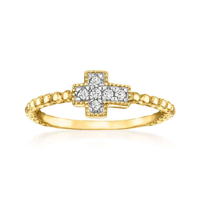 Gold cross beaded ring with round stone cluster center and sparkling halo detailing