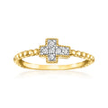 Gold cross beaded ring with round stone cluster center and sparkling halo detailing