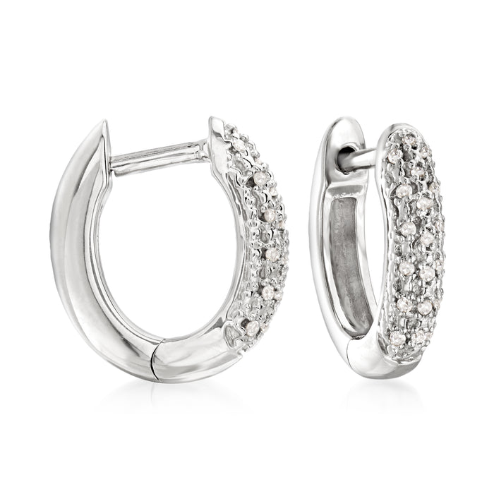 Diamond huggie hoop earrings with pavé diamond front and polished silver tone