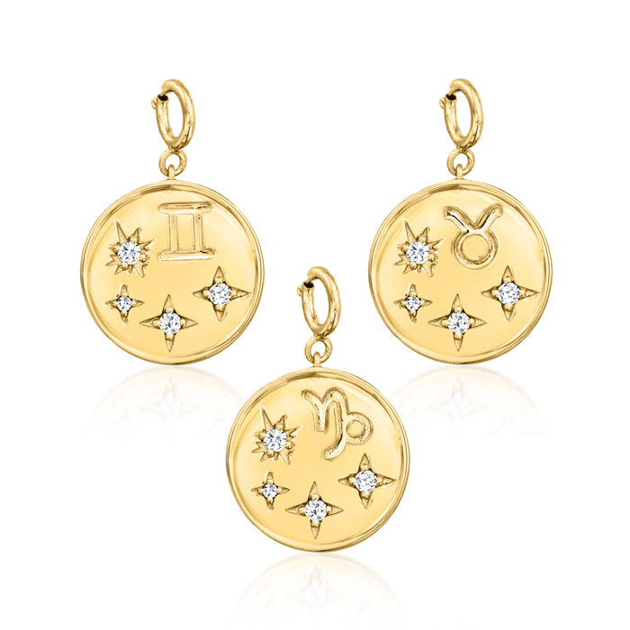Gold zodiac charm set with three round pendants and star diamond accents