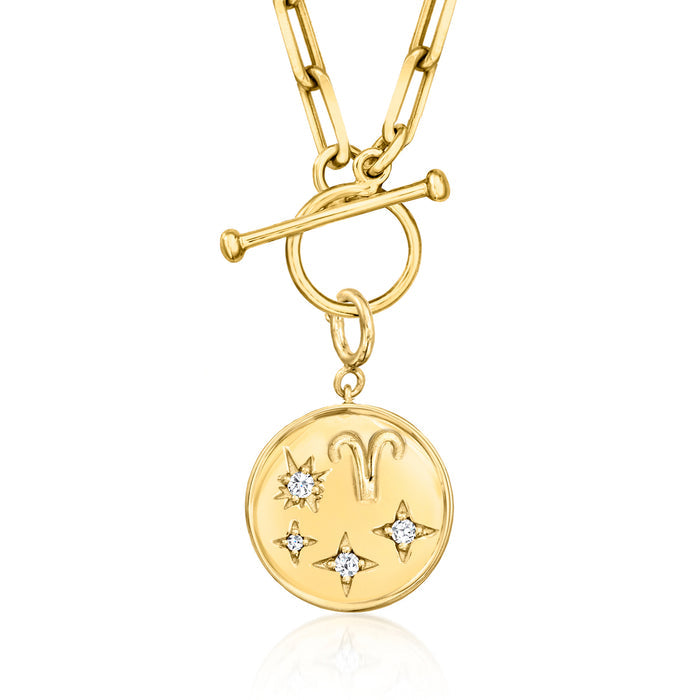 Gold zodiac charm pendant on chain with round medallion and diamond star accents