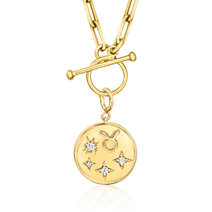 Gold zodiac charm pendant on chain with round medallion and diamond star accents