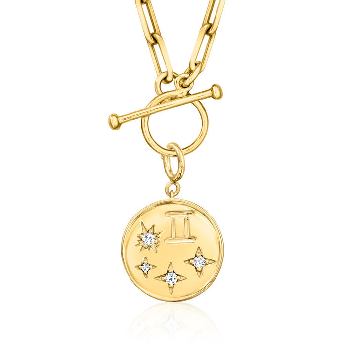 Gold zodiac charm pendant on chain with round medallion and diamond star accents
