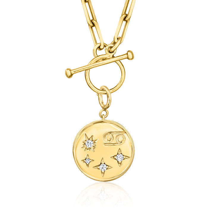 Gold zodiac charm pendant on chain with round medallion and diamond star accents