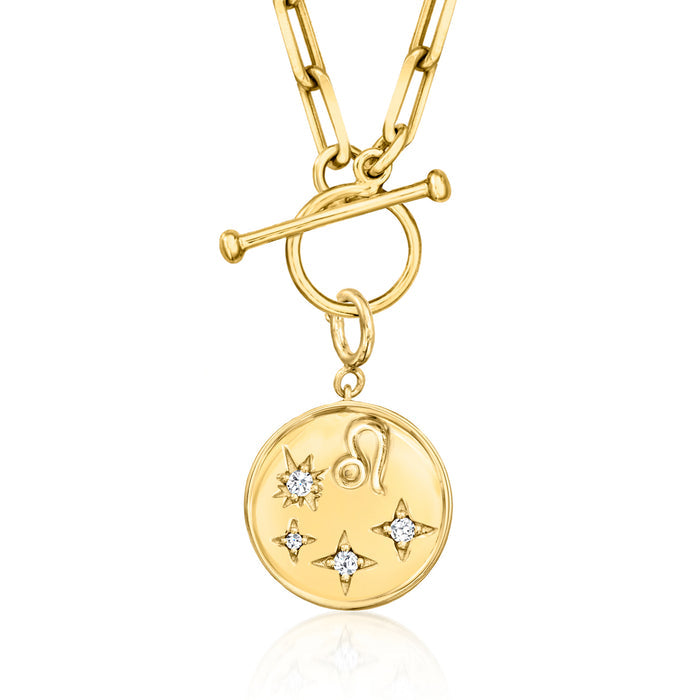 Gold zodiac charm pendant on chain with round medallion and diamond star accents
