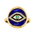 Gold-tone evil eye ring with blue enamel, turquoise center, and white stone border