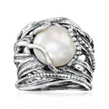 Sterling silver cultured pearl ring with sculpted leaf and bead accents, rounded pearl