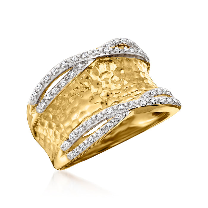 Hammered gold-tone diamond ring with curved pavé accents