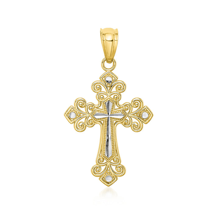 Two-tone gold cross pendant with diamond-cut scrollwork and small round accents