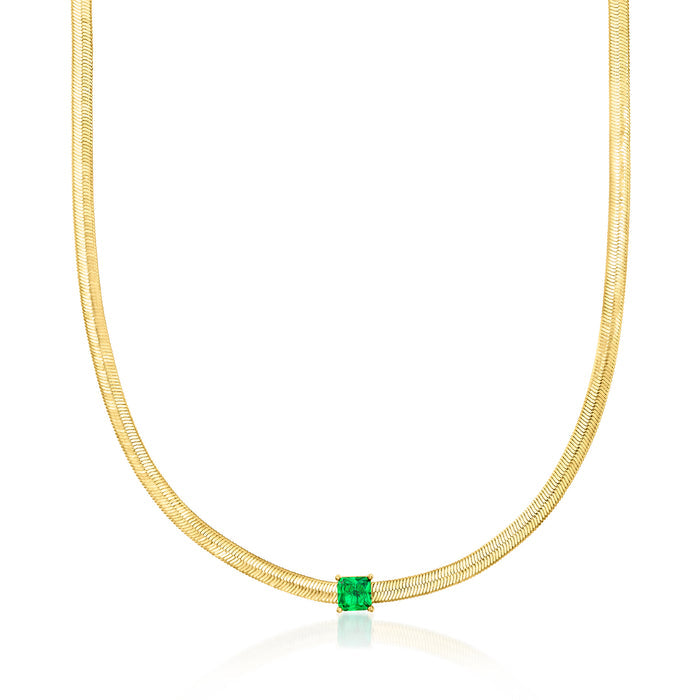 14kt Yellow Gold-Plated Herringbone Necklace with Simulated Green Gemstone. 18"