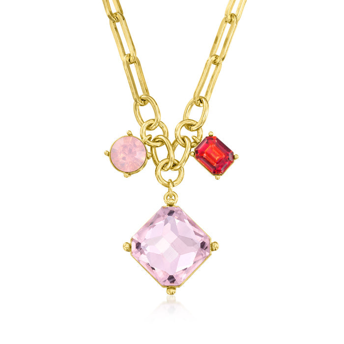 Gold-plated link necklace with pink and red simulated gemstones, faceted cluster pendant