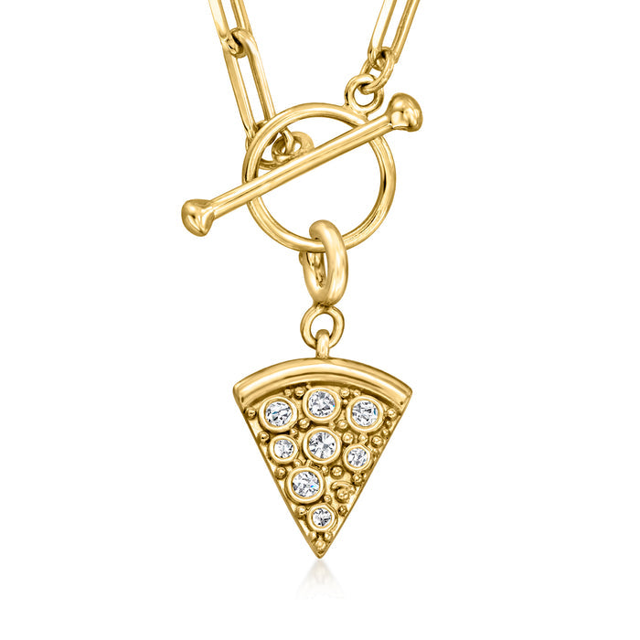 Gold pizza-slice charm pendant with bezel-set round stones, on chain links