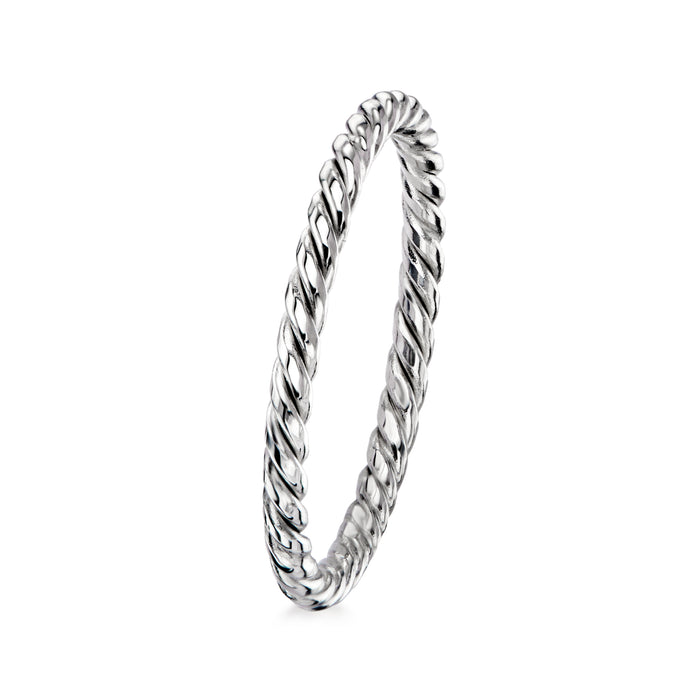 Twisted roped white gold ring band, open angle view, polished shine
