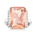 Sterling silver ring with large emerald-cut pink morganite-style center stone and CZ sides