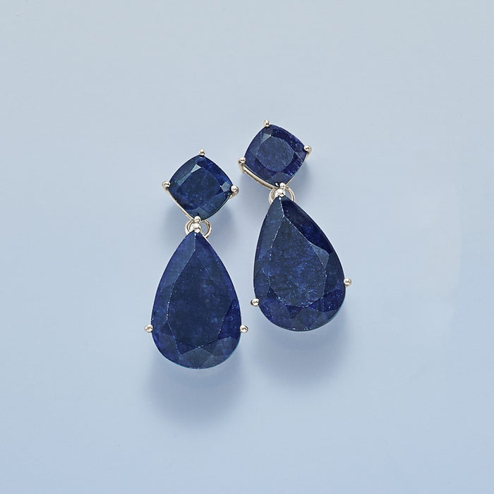 Sapphire drop earrings with two pear stones and one square stone, sterling silver