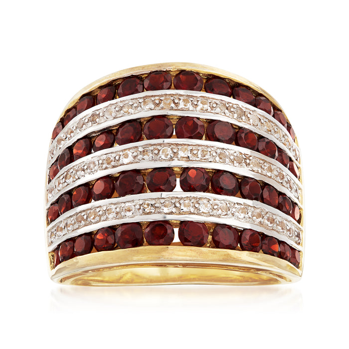 Multi-row garnet and white topaz ring in gold over sterling, three sparkling bands
