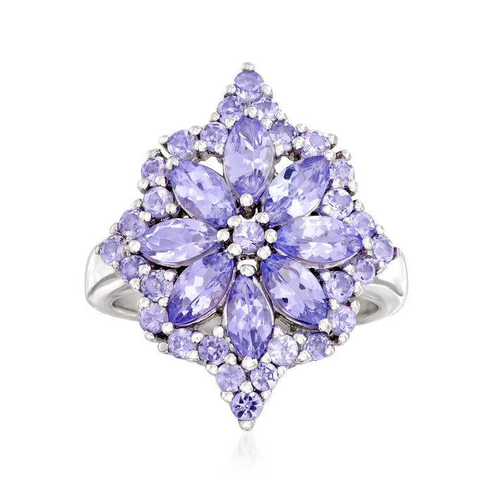 Sterling silver tanzanite flower burst ring with marquise and round stones