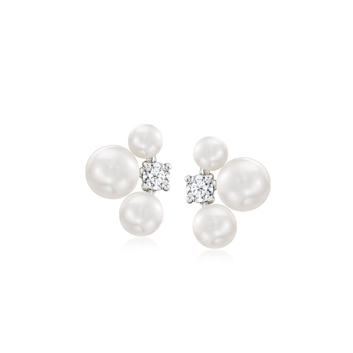 Sterling silver post earrings with 4 cultured pearls and a square lab-grown diamond