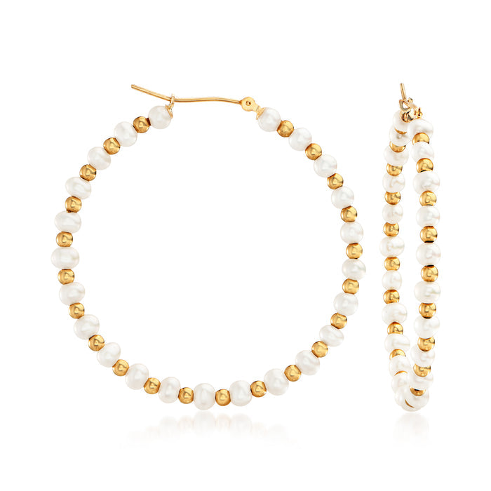 Cultured pearl hoop earrings in 14kt yellow gold with white pearls and gold bead accents