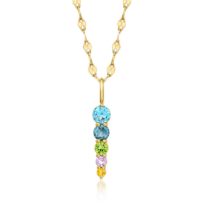 Gold over sterling pendant necklace with stacked round gemstone accents in blue, green, purple, yellow
