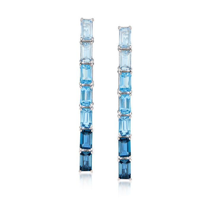 Sterling silver ombre blue topaz drop earrings, baguette stone vertical design