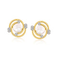 Gold swirl stud earrings with 7–7.5mm cultured pearl and diamond accents
