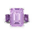 Sterling silver amethyst ring with emerald-cut center stone and side stones