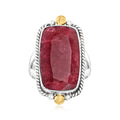 Sterling silver ruby gemstone ring with rope-edged bezel and gold corner accents