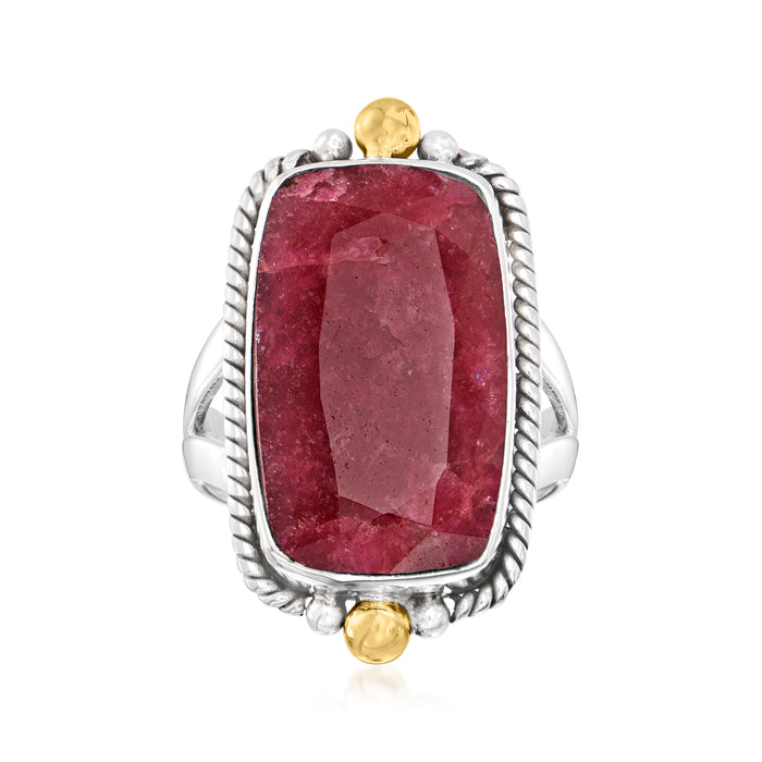 Sterling silver ruby gemstone ring with rope-edged bezel and gold corner accents