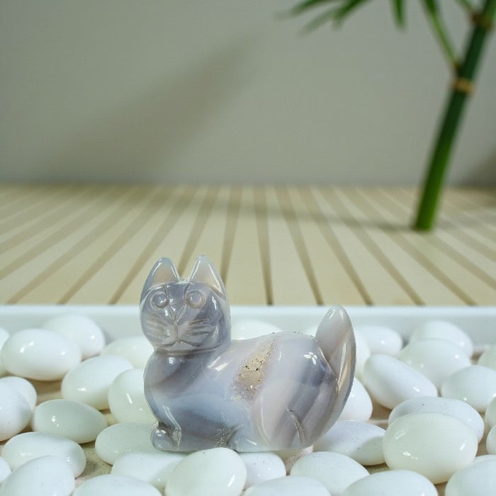 Agate Drusy Cat Figurine Carving - Animal Totem - Spirit Animal FB1186 🐈‍⬛