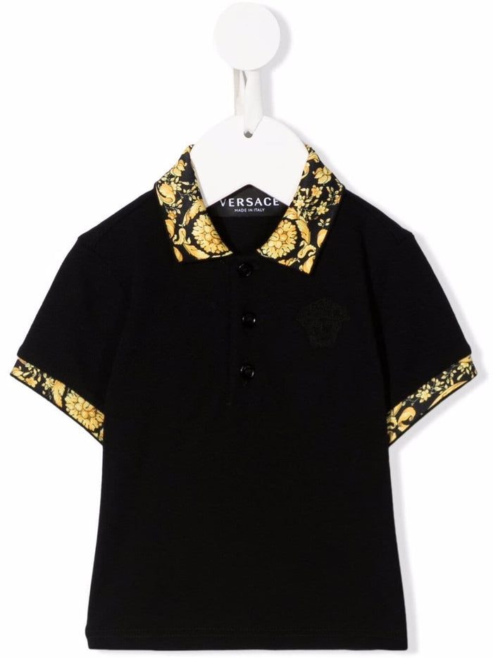 VERSACE BABY Baroque Collar Print Polo Shirt Black - MAISONDEFASHION.COM