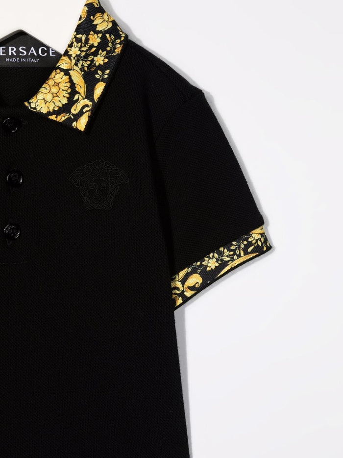 VERSACE BABY Baroque Collar Print Polo Shirt Black - MAISONDEFASHION.COM