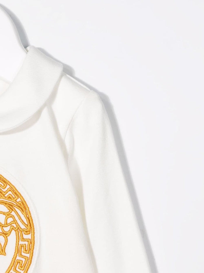 VERSACE BABY Logo Embroidered Babygrow White/Gold - MAISONDEFASHION.COM