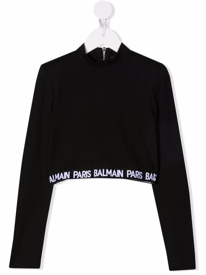 BALMAIN KIDS Logo tape cropped T-shirt Black - MAISONDEFASHION.COM