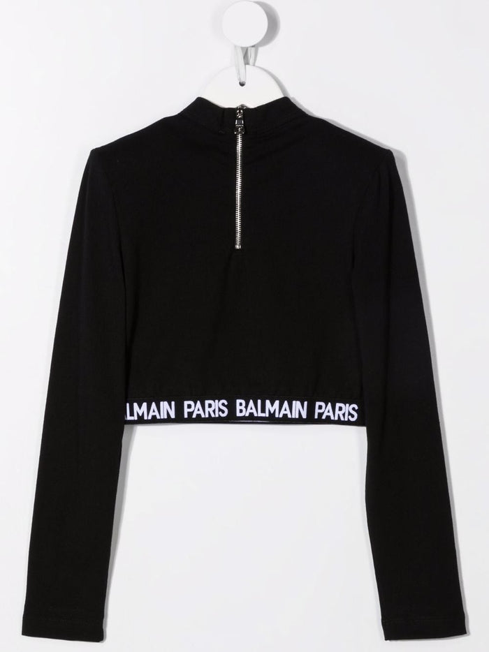 BALMAIN KIDS Logo tape cropped T-shirt Black - MAISONDEFASHION.COM
