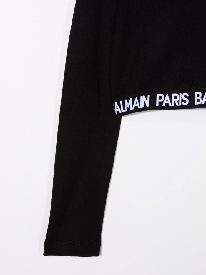 BALMAIN KIDS Logo tape cropped T-shirt Black - MAISONDEFASHION.COM