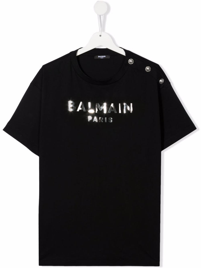 BALMAIN KIDS Metallic logo-print T-shirt Black - MAISONDEFASHION.COM