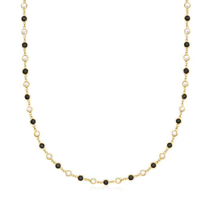 Gold bezel onyx and cultured pearl necklace with alternating oval bead stations