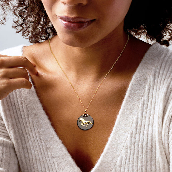 Gold-tone pendant necklace with black round zodiac disc worn at the collarbone