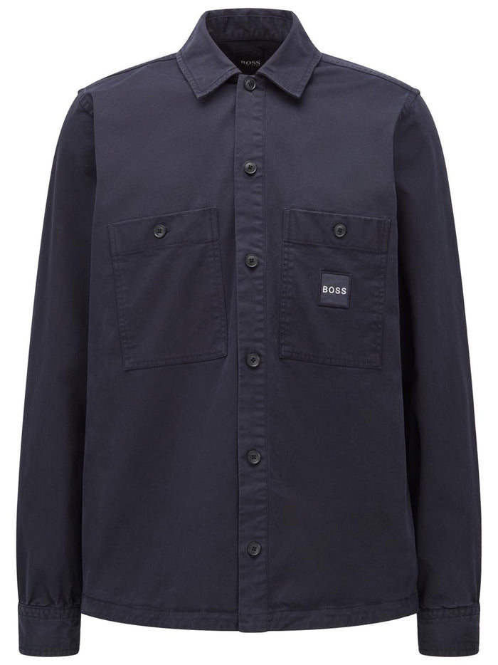BOSS Logo Patch Cotton Overshirt Navy - MAISONDEFASHION.COM