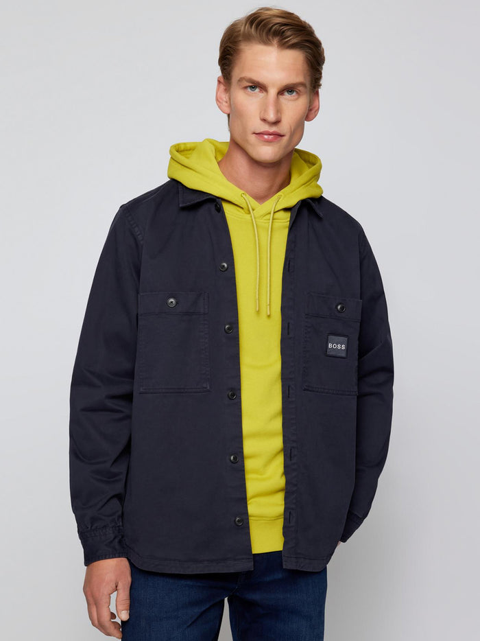 BOSS Logo Patch Cotton Overshirt Navy - MAISONDEFASHION.COM
