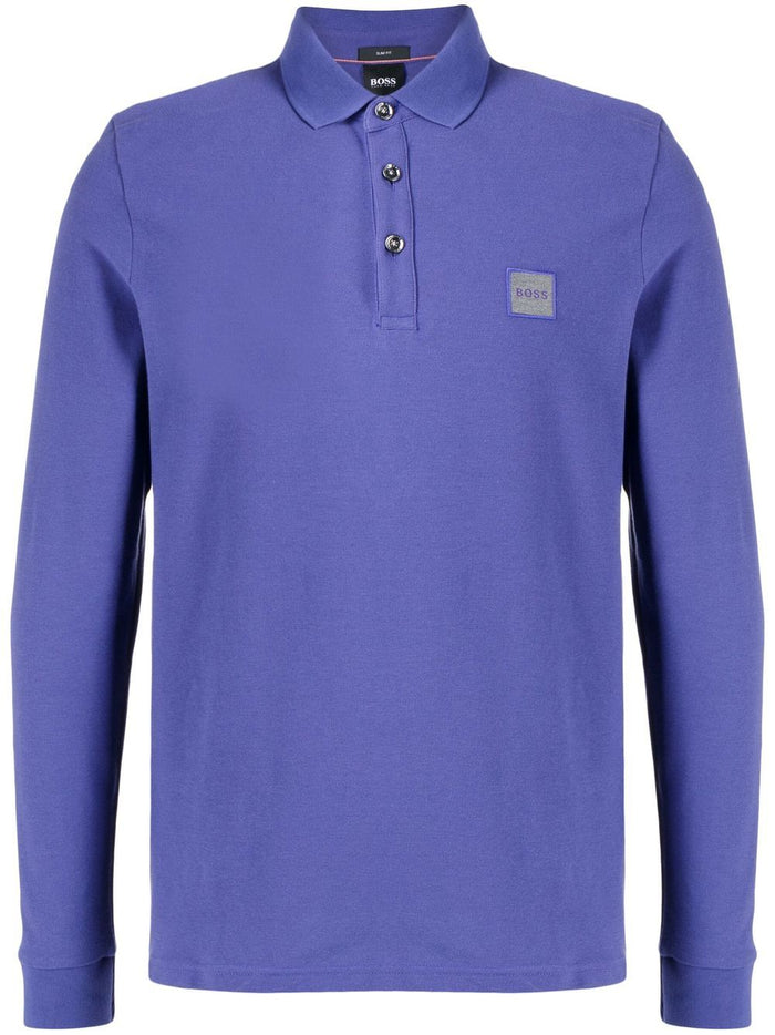 BOSS Logo Patch Long Sleeve Polo Shirt Purple - MAISONDEFASHION.COM