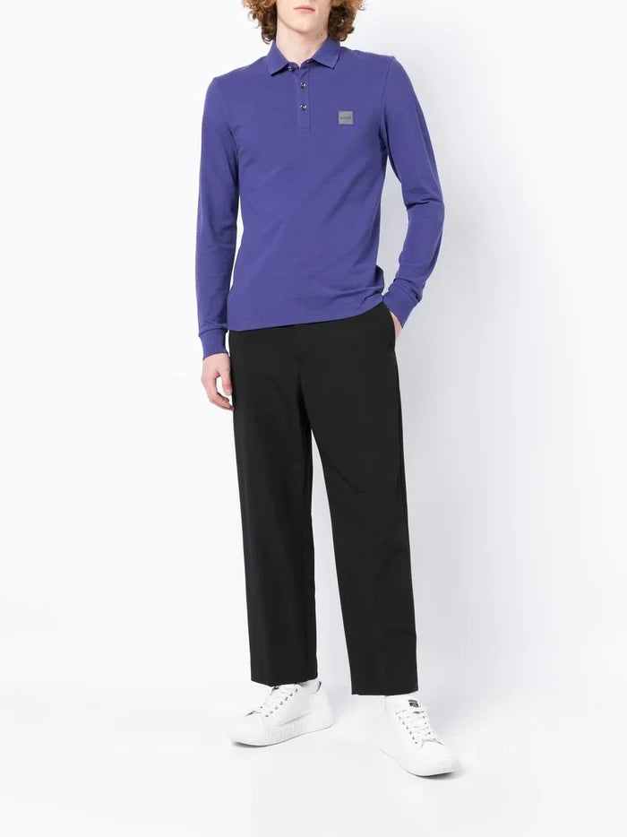 BOSS Logo Patch Long Sleeve Polo Shirt Purple - MAISONDEFASHION.COM