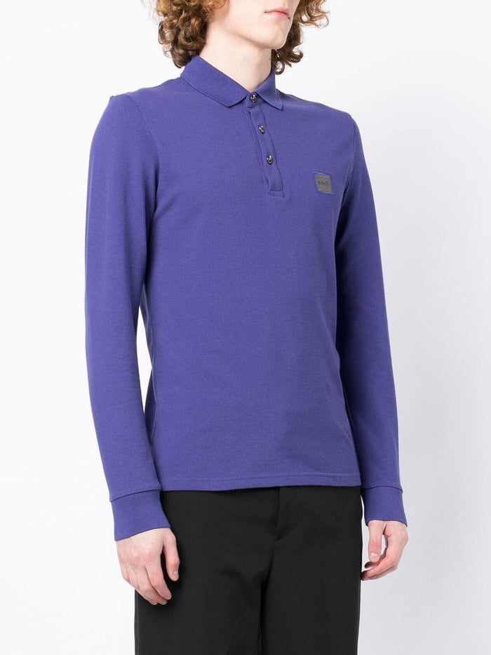 BOSS Logo Patch Long Sleeve Polo Shirt Purple - MAISONDEFASHION.COM
