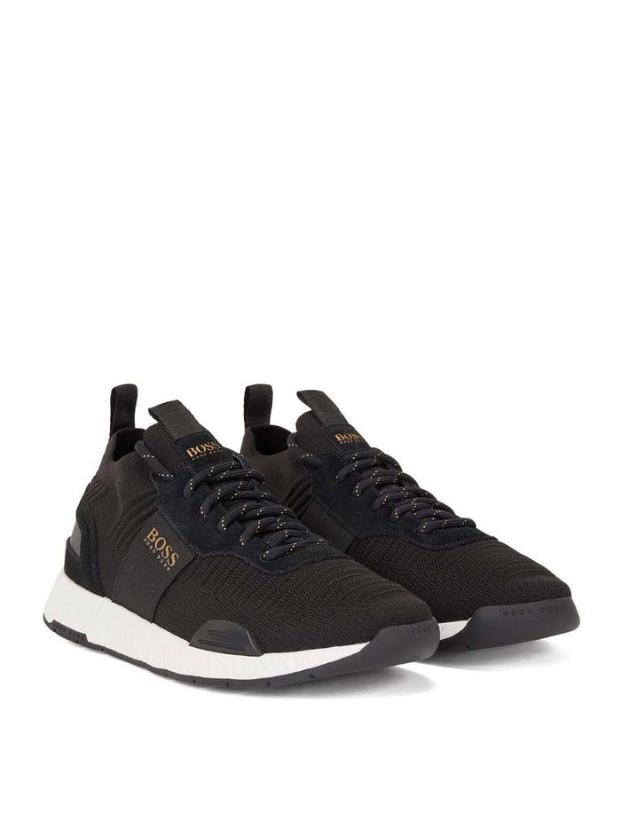 BOSS Panelled lace-up sneakers Black/Gold - MAISONDEFASHION.COM