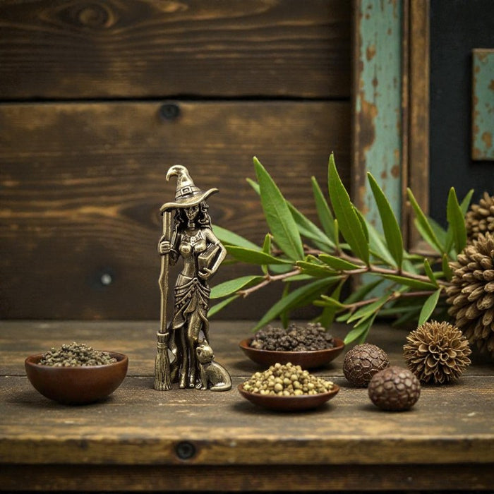 Brass Witch with Broom and Cat Spirit / Totem Animal Figurine FB2191 🧹