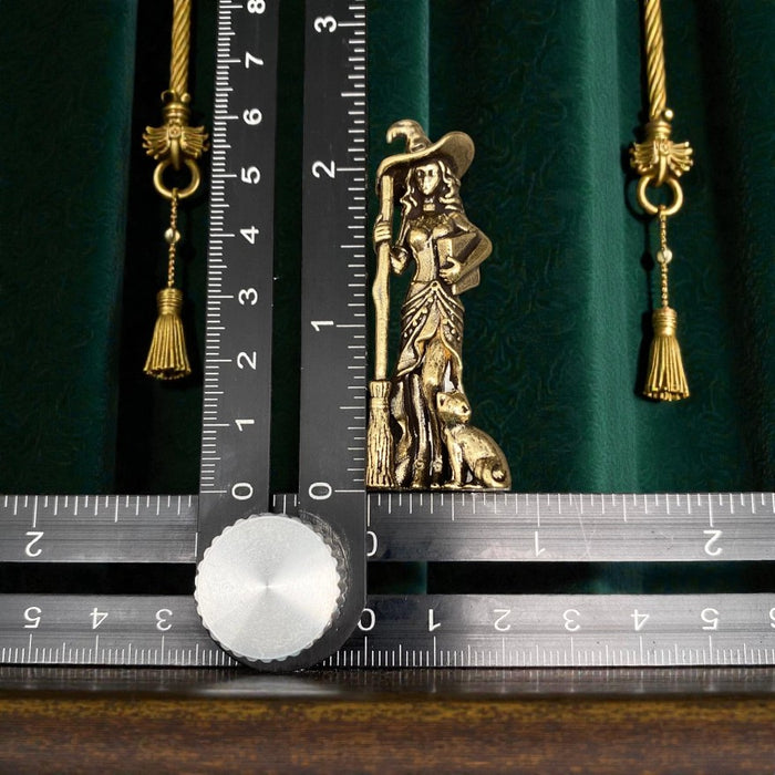 Brass Witch with Broom and Cat Spirit / Totem Animal Figurine FB2191 🧹