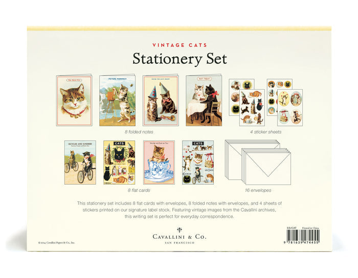 Cavallini & Co vintage cats stationery set packaging with illustrations of cats and stationery items.